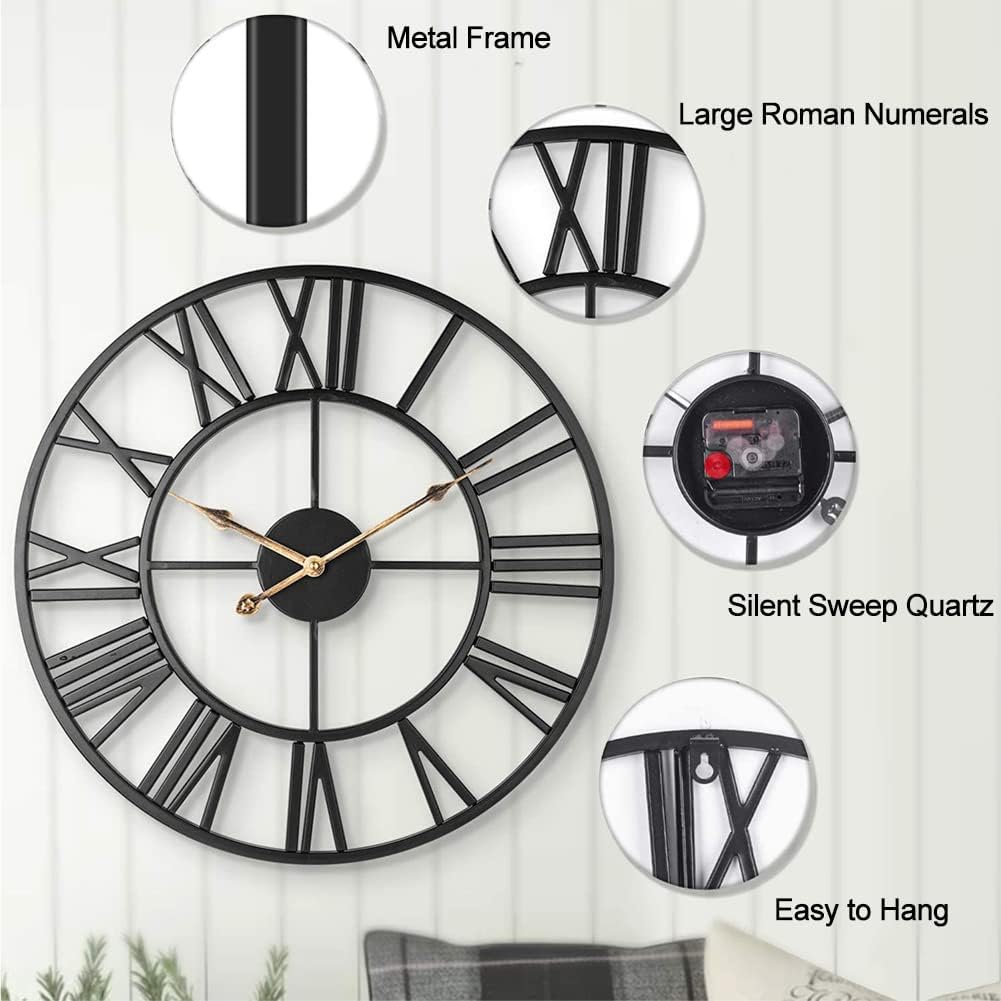 Size Large Color Black Industrial Wall Clock with Roman Numerals, Indoor Silent Non-Ticking Retro Clock, Vintage Metal Decorative Black Metal Art Clock Battery Operated for Home Kitchen Cafe Hotel Office Decor,1